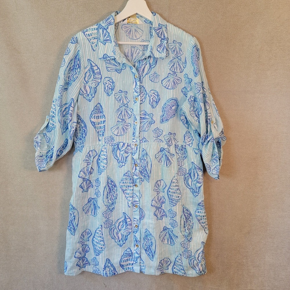 Lilly Pulitzer Lagoon Linen Dress Shaela Tropical Button Up Shirt Womens Medium